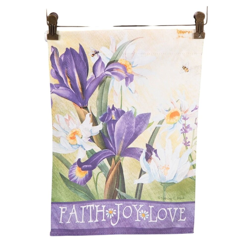 Faith Joy Love Garden Flag Easter Spring 13x18 Purple Iris Daisy Nancy Mink